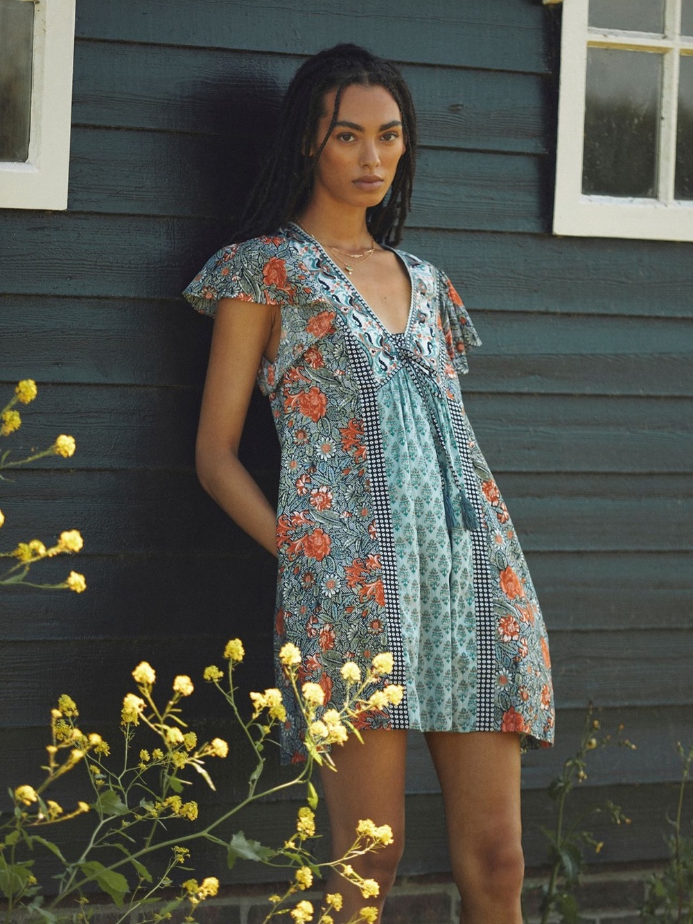 Anthropologie Mint and Orange Floral V-Neck Tassel Dress